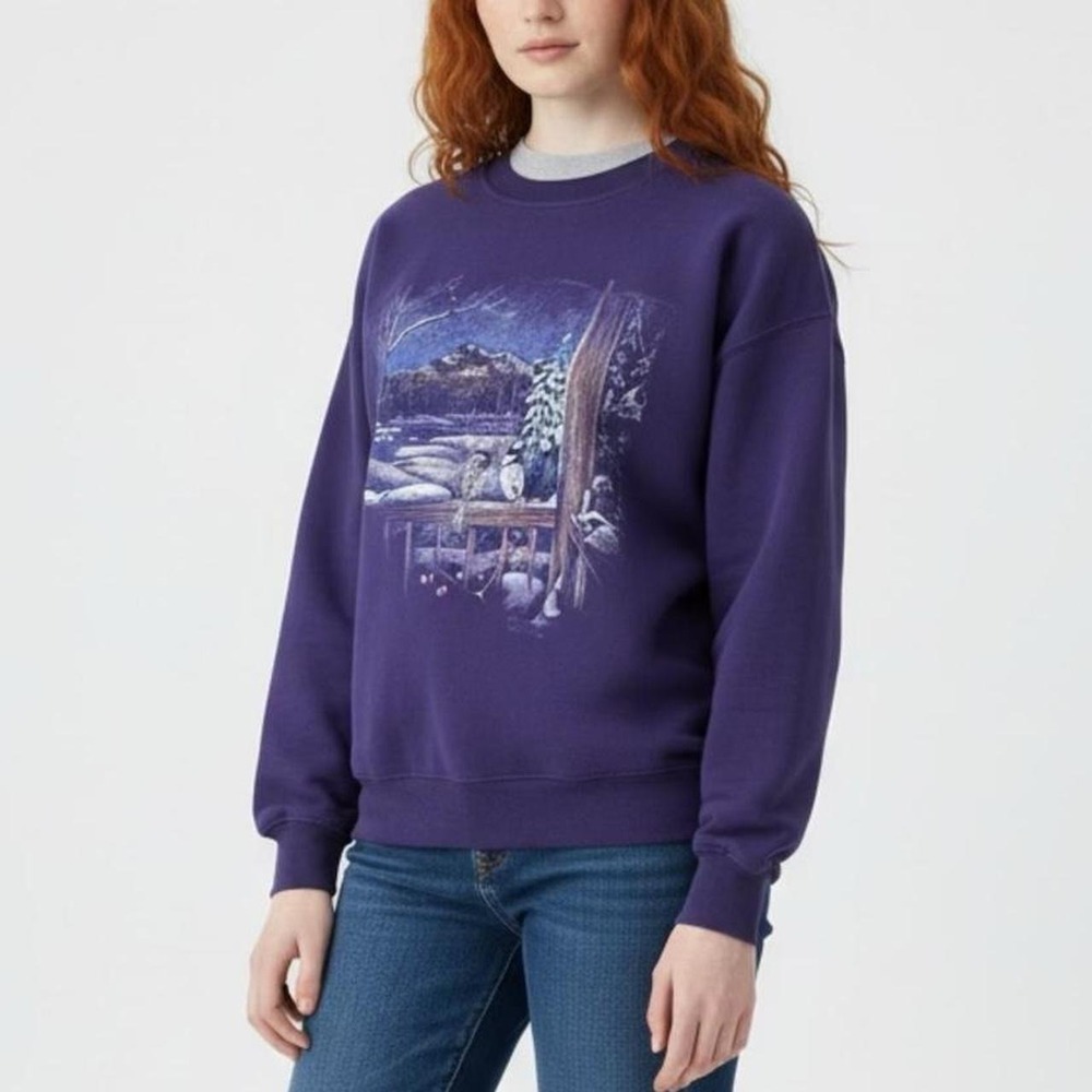 vintage 80s 90s snow birds art print sweatshirt grannycore crew neck cottagecore